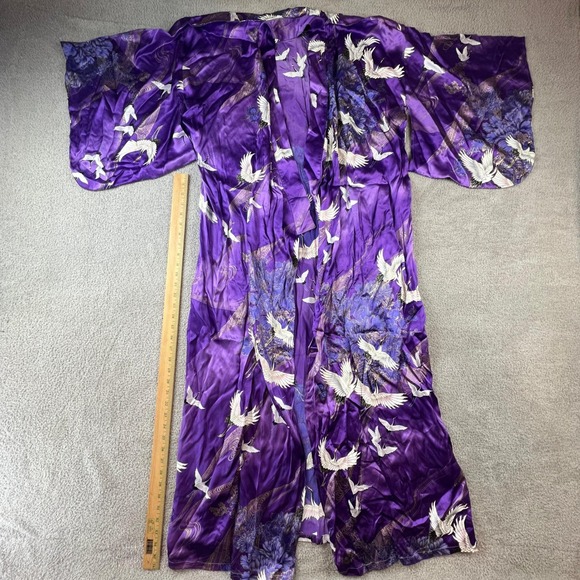 Japanese Silk Kimono Robe Purple Crane Floral Print Made in Japan OS Vintage
